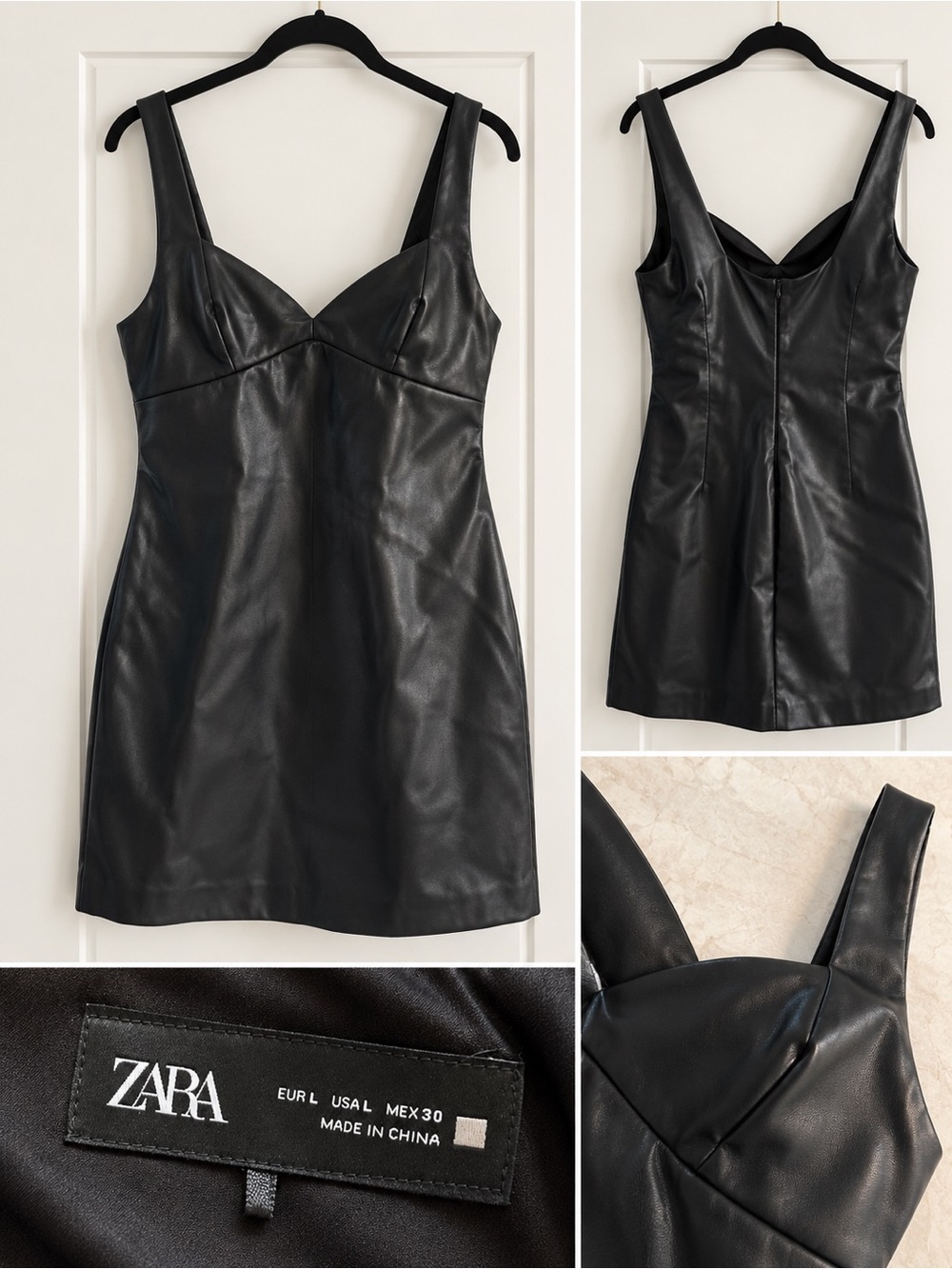 ZARA Black Faux Leather Mini Dress with Sweetheart Neckline